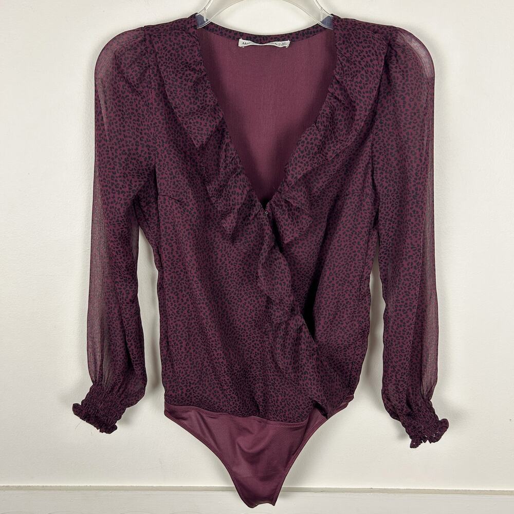 Abercrombie and Fitch Burgundy Ruffle V Neck Thong Long Sleeve Bodysuit XS